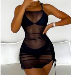 Drawstring Ruched coverup black